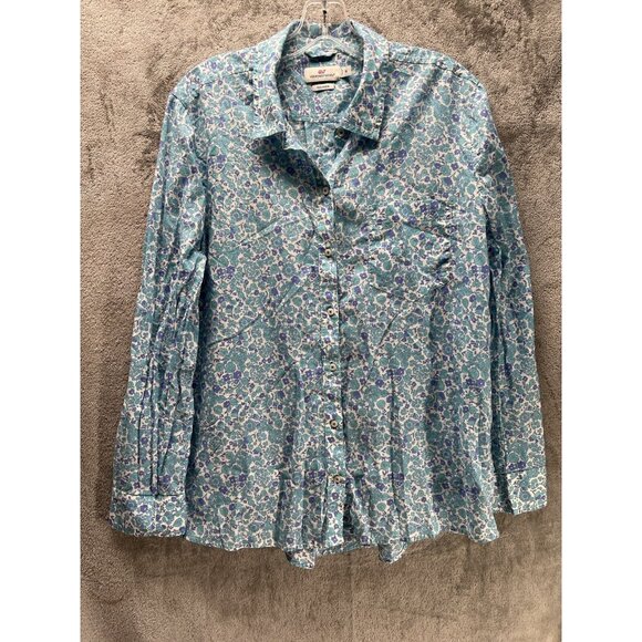 Vineyard Vines Women’s Size 16 Cotton Green Blue Floral Button Up Long Sleeve - Picture 1 of 8